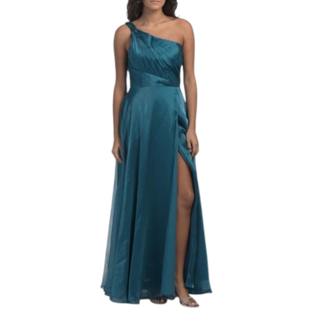 XSCAPE Teal One Shoulder Ruched Gown